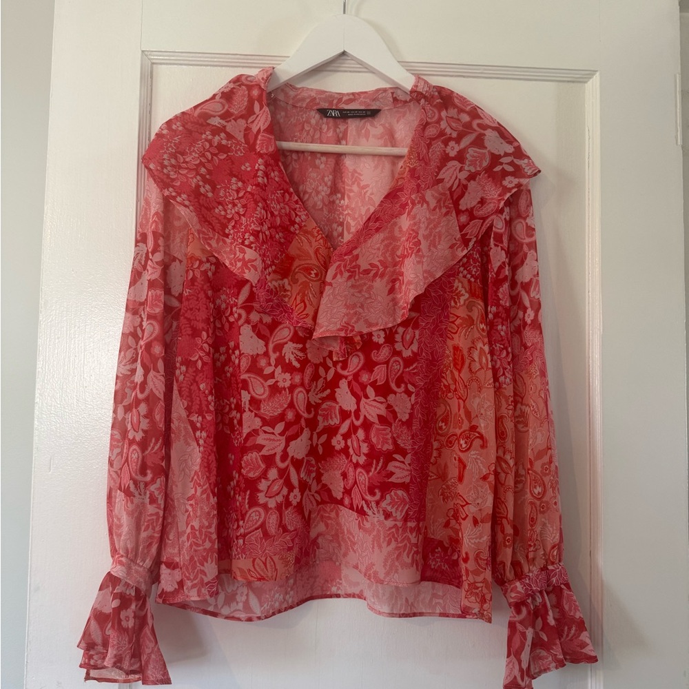 Zara Floral Red Sheer Blouse